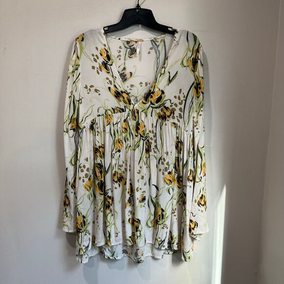 Free People Floral Boho Blouse Size S Long Sleeve Flowy Tunic Top - Picture 2 of 10